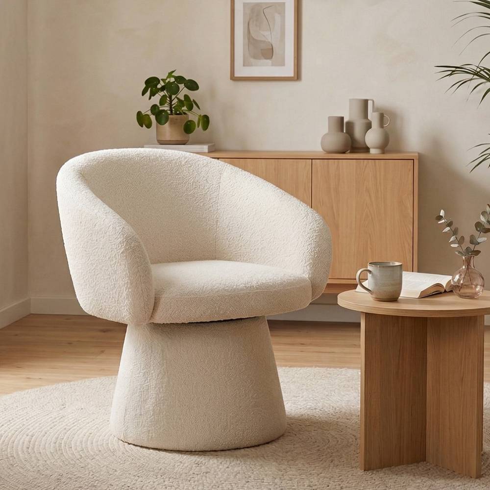 Drehbarer Sessel Mossora aus Boucle Stoff in Offwhite