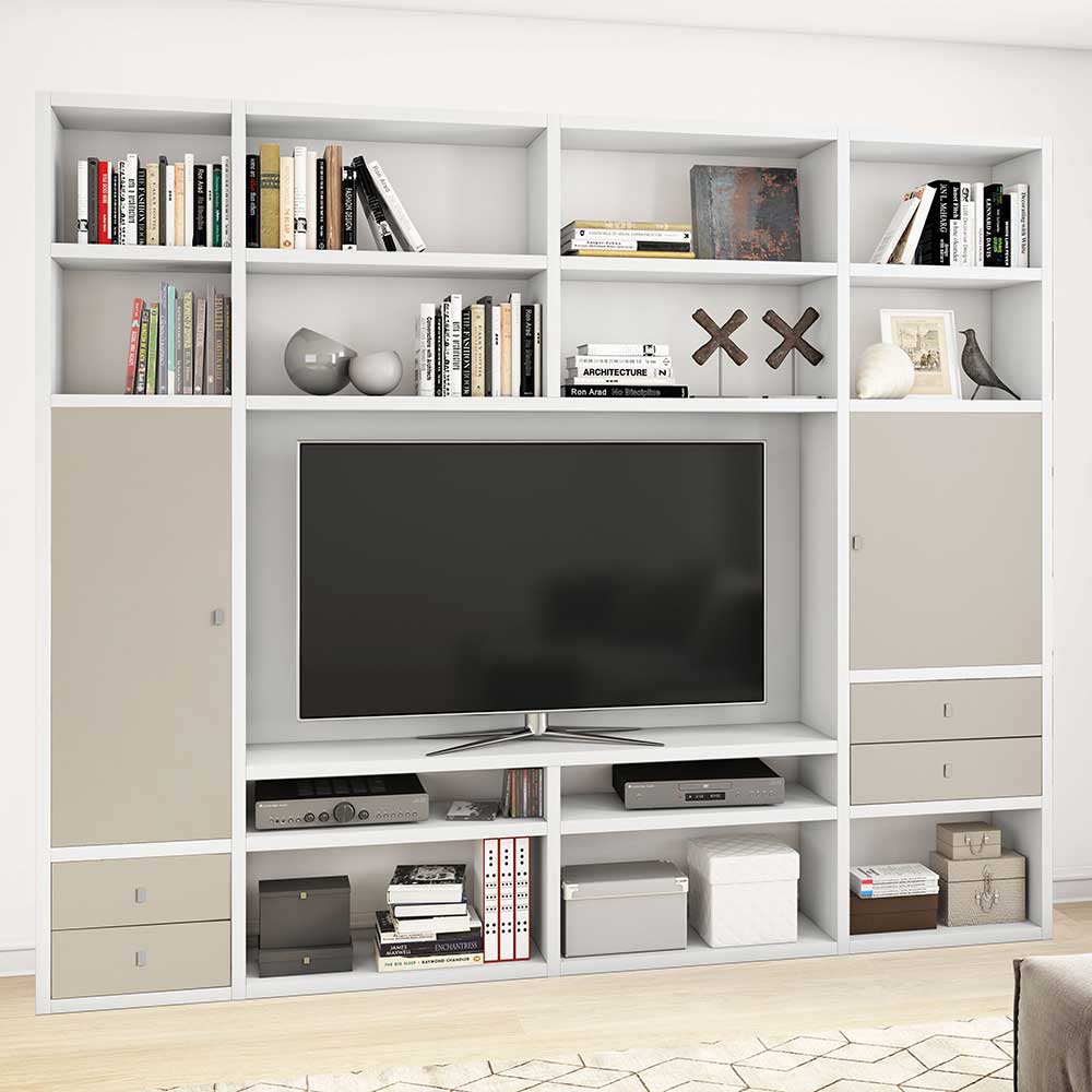 Design TV Regalwand Curelino in Weiß und Beige 265 cm breit
