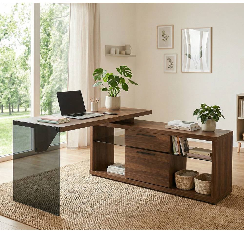 Büroschreibtisch Radius mit Seitenregalen und zwei Schubladen