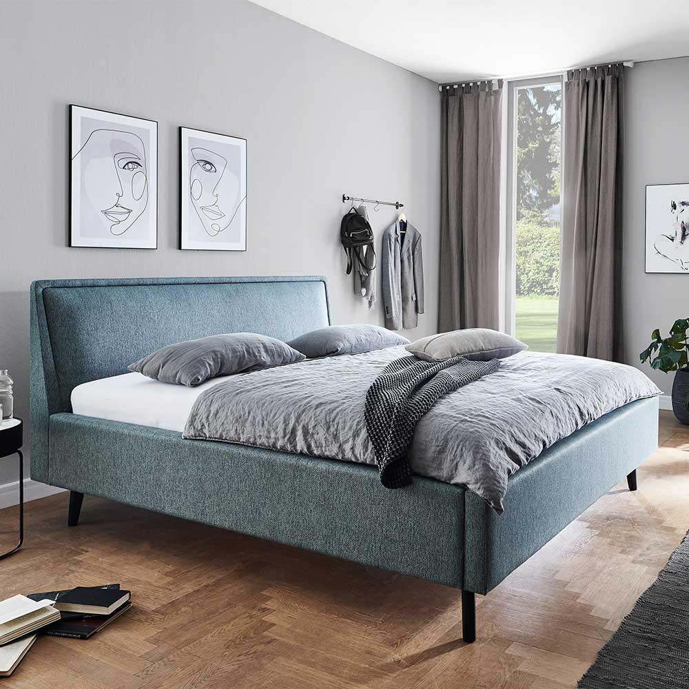 Blaugraues Polster Bett Morsina 50 cm Einstiegshöhe mit Vierfußgestell aus Holz