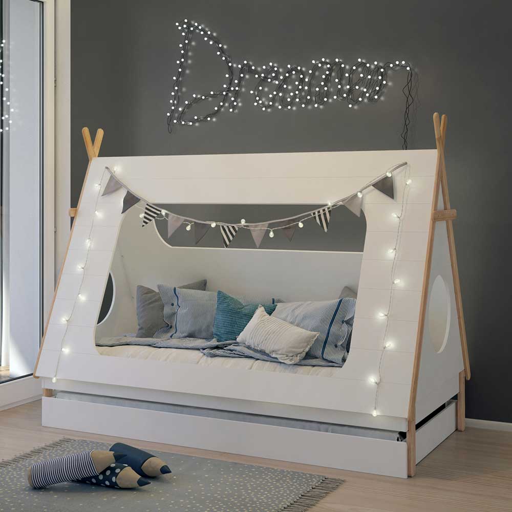 Zelt Kinderbett Gina in Weiß und Kieferfarben 165 cm hoch