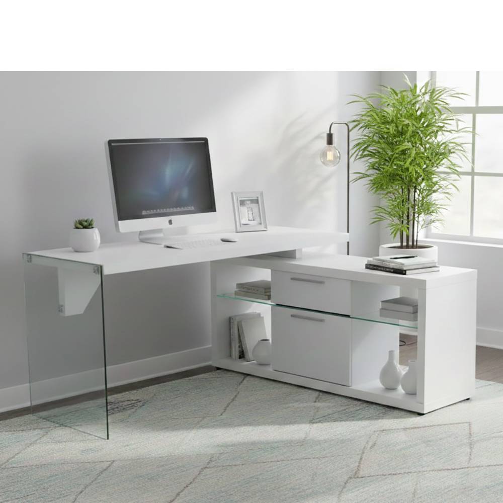 Designschreibtisch Turex in Weiß mit Sicherheitsglas Wange