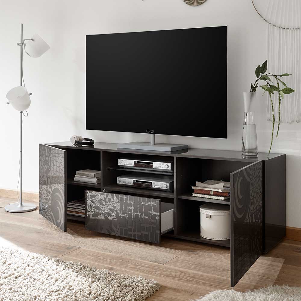 TV Lowboard Hancieda in Anthrazit Hochglanz mit floralem Siebdruck verziert