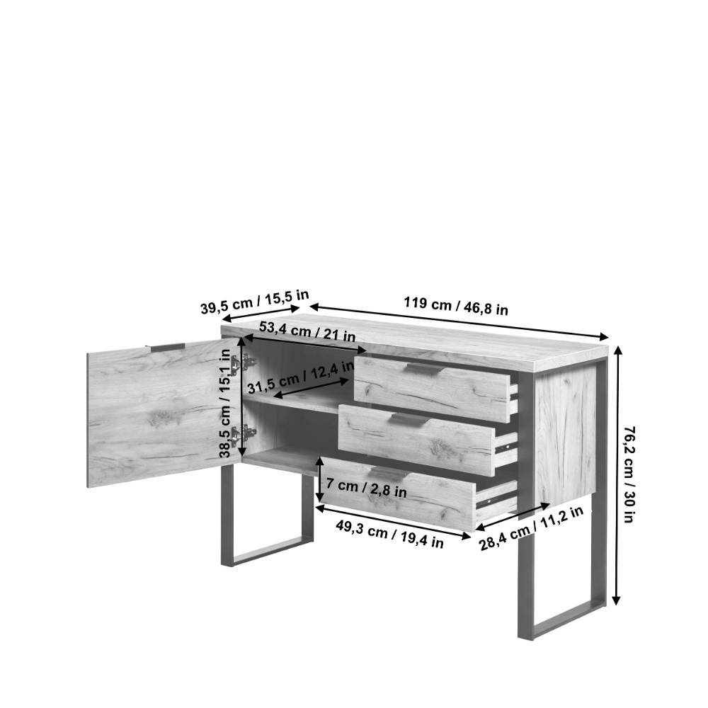 Sideboard Tolofo im Industry und Loft Stil mit drei Schubladen
