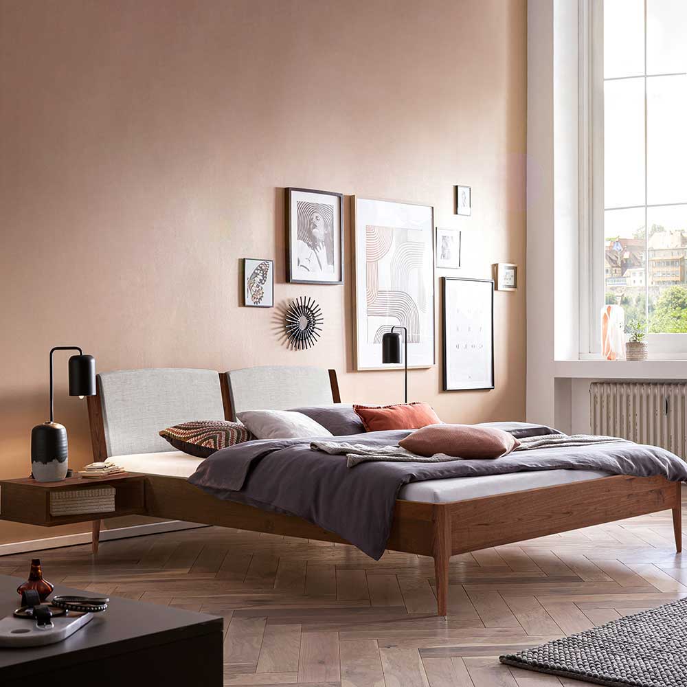Massivholz Bett Nussbaum Lactona mit Kopfteil Polstern 38 cm Einstiegshöhe