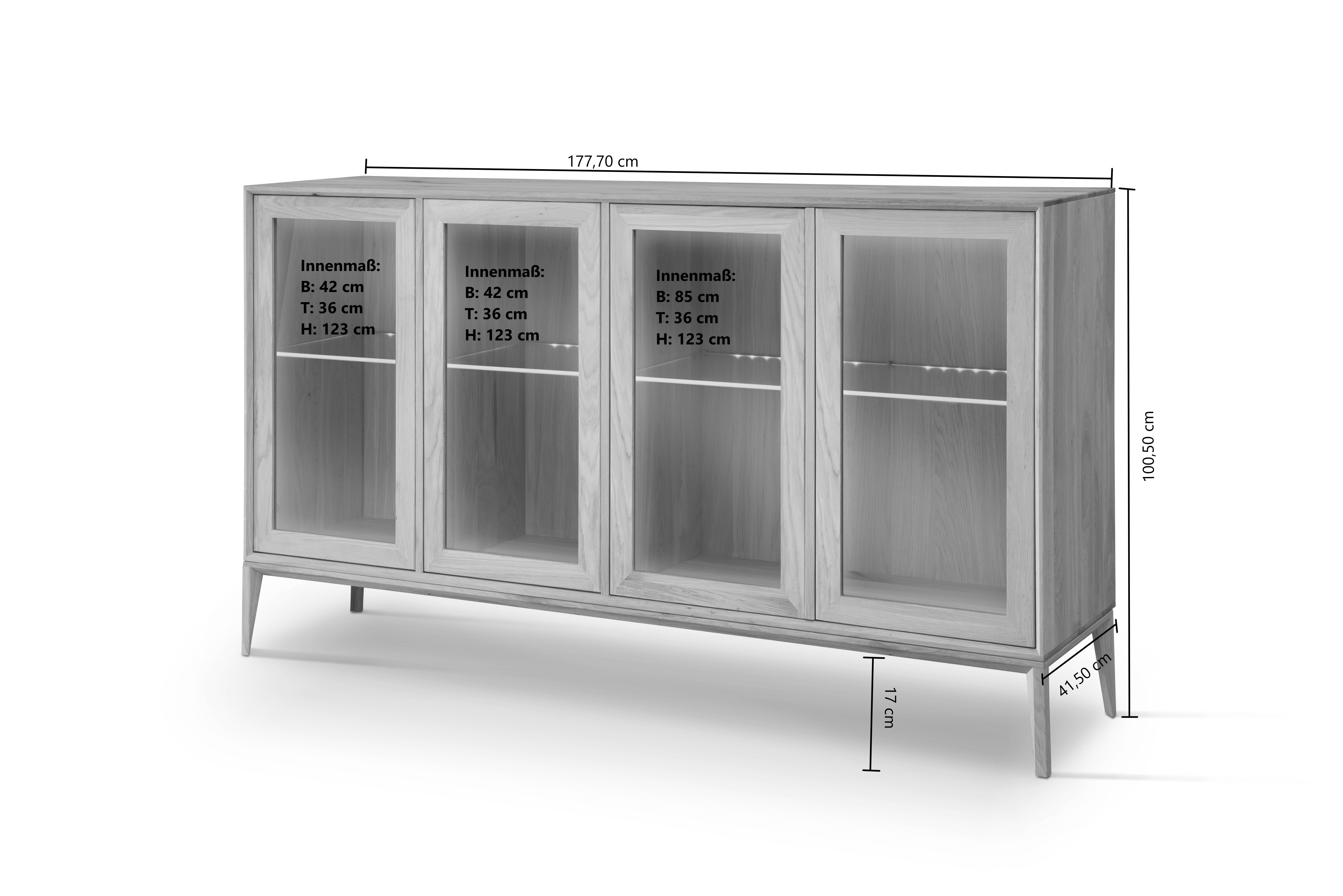 Sideboard Vitrine Belafoma aus Eiche Massivholz 178 cm breit