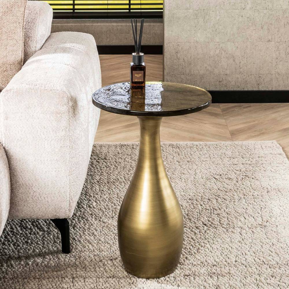 Beitisch Lakos in Altgoldfarben mit Gussglas Platte