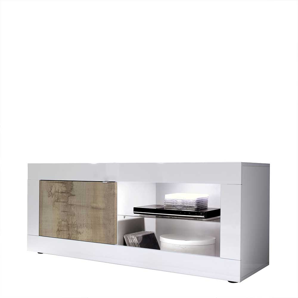Modernes TV Lowboard Yuelva in Weiß und verwitterter Holz Optik 140 cm breit