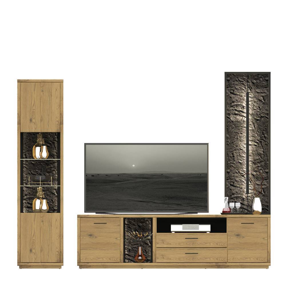 TV Wohnwand Ostoro in Wildeiche Bianco - modernes Design (dreiteilig)