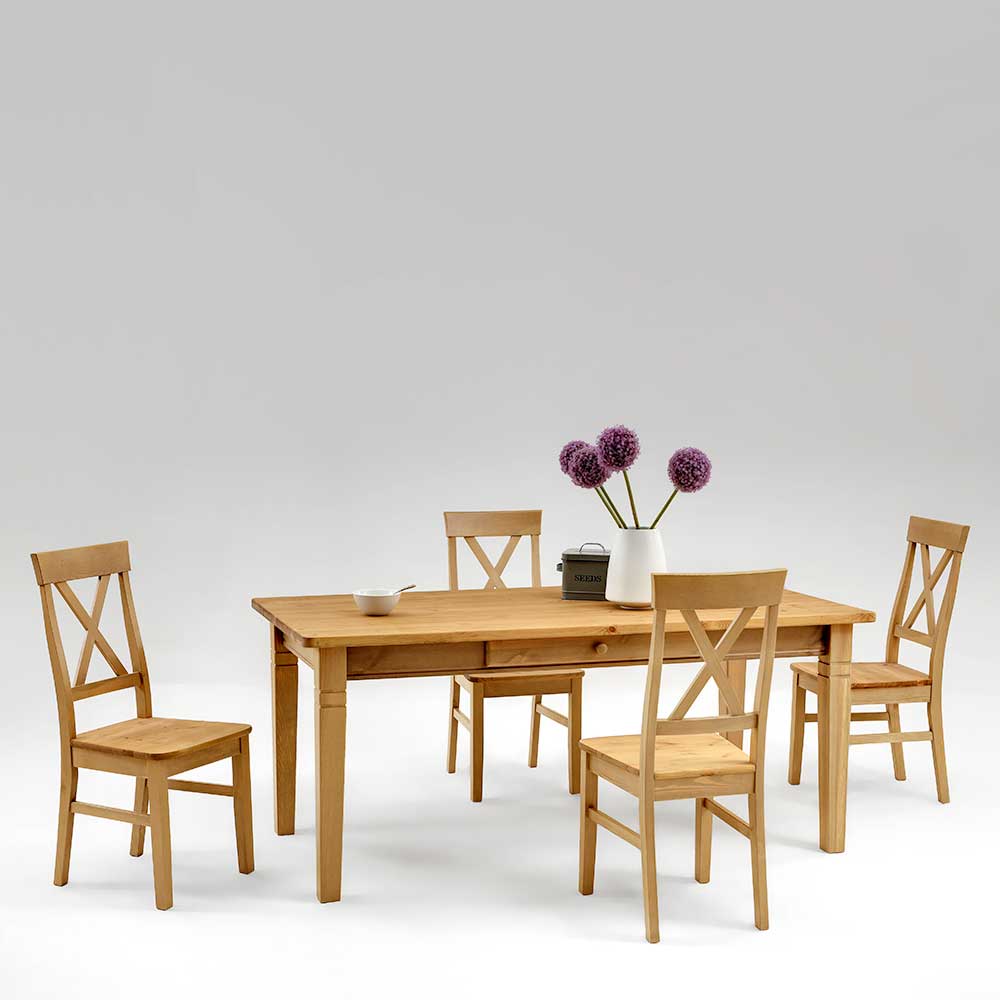 Massivholz Essgruppe Devan aus Kiefer geölt im Landhausstil (fünfteilig)