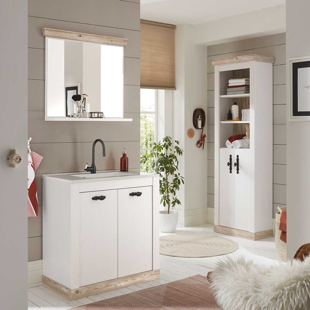 Badezimmermöbel Set Atridia in Weiß und Pinienfarben im Landhausstil (dreiteilig)