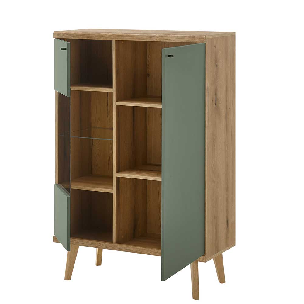 Esszimmer Highboard Lora in Graugrün und Wildeichefarben