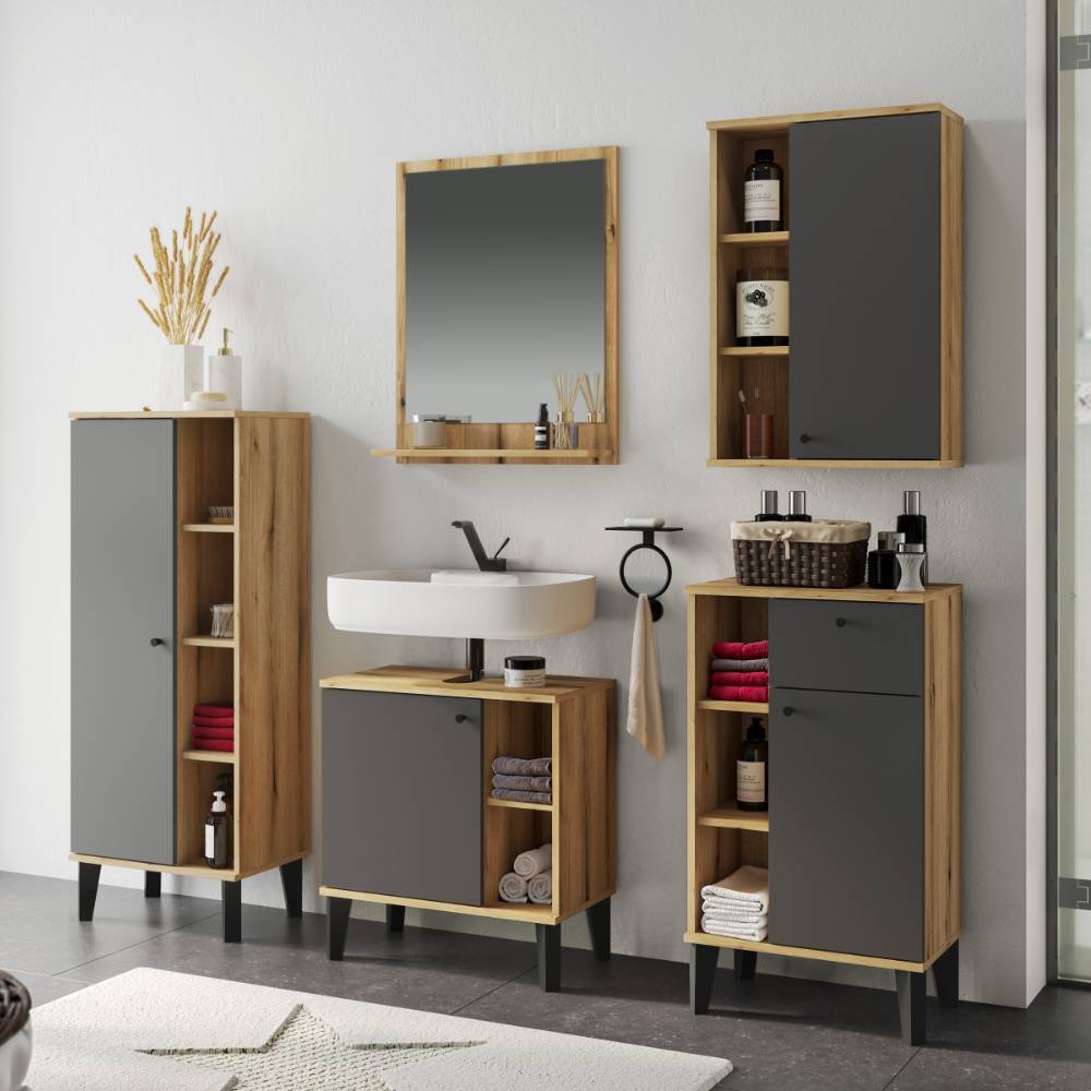 Badmöbel Set modern Pattinos in Wildeichefarben und Grau (fünfteilig)
