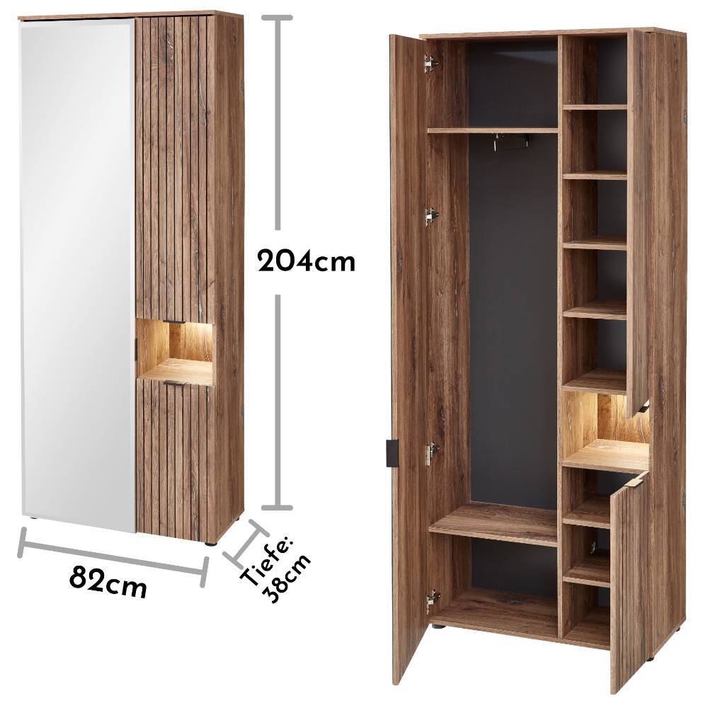 Garderobenschrank Clusego mit Spiegeltür und LED Beleuchtung