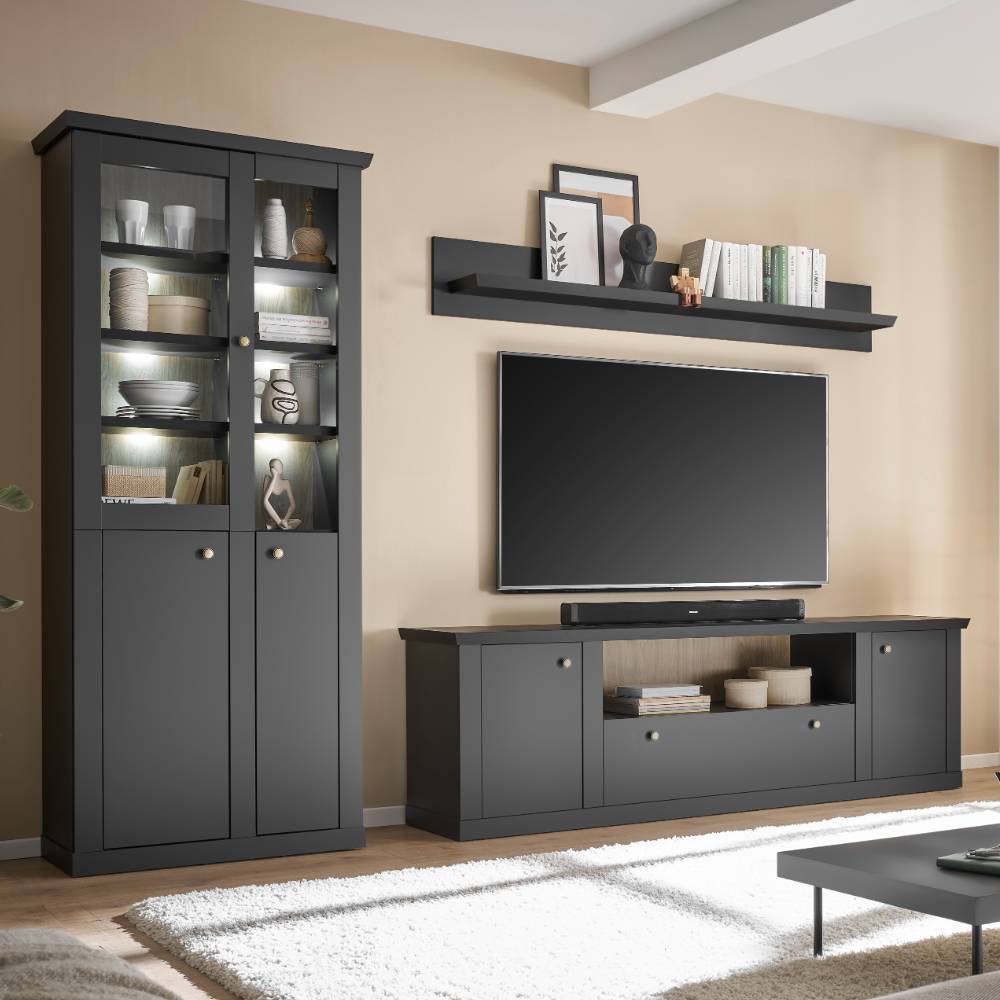 Wohnzimmerschrankwand Enjta in Schwarz matt im Landhausstil (dreiteilig)