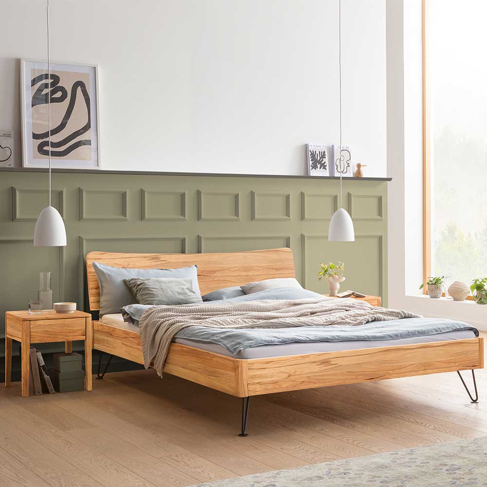 Doppelbett modern Wildbuche Evanuela mit Vierfußgestell aus Metall 84 cm hoch