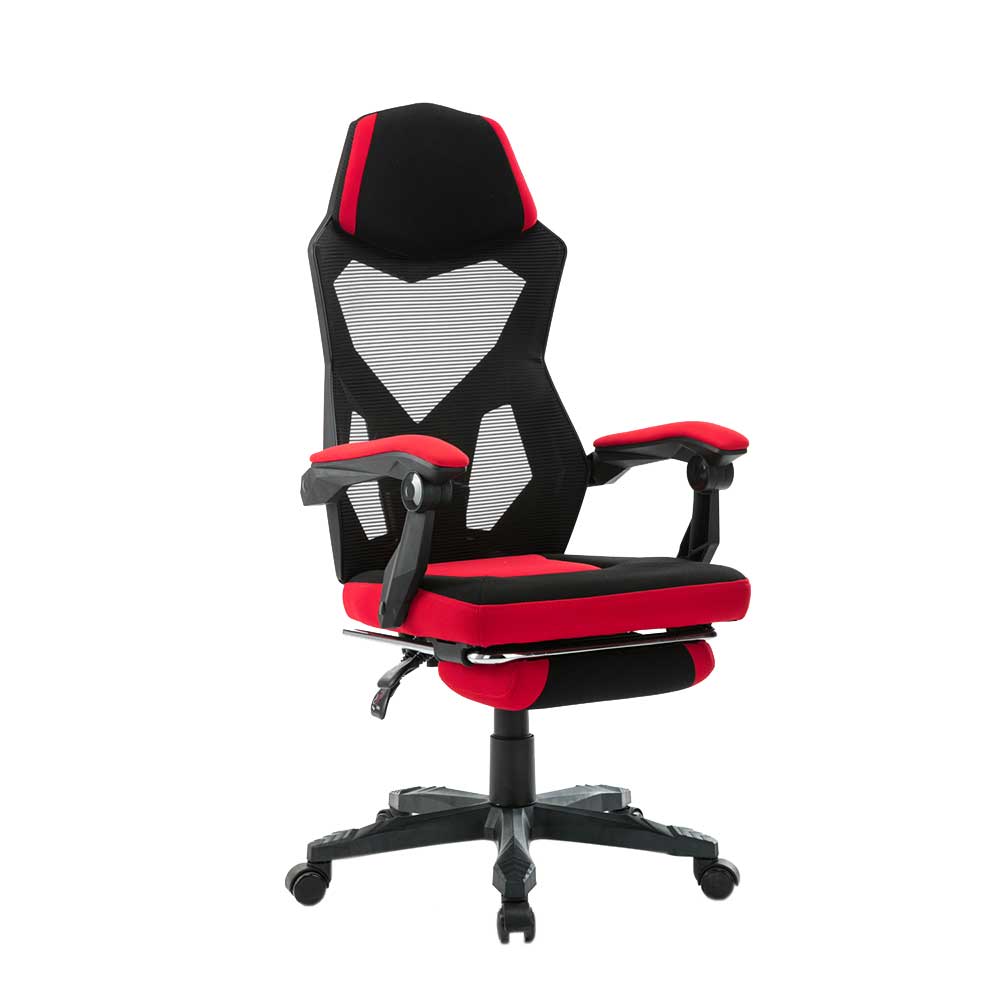 Gaming Stuhl Alayn in Schwarz und Rot mit klappbarer Fußstütze
