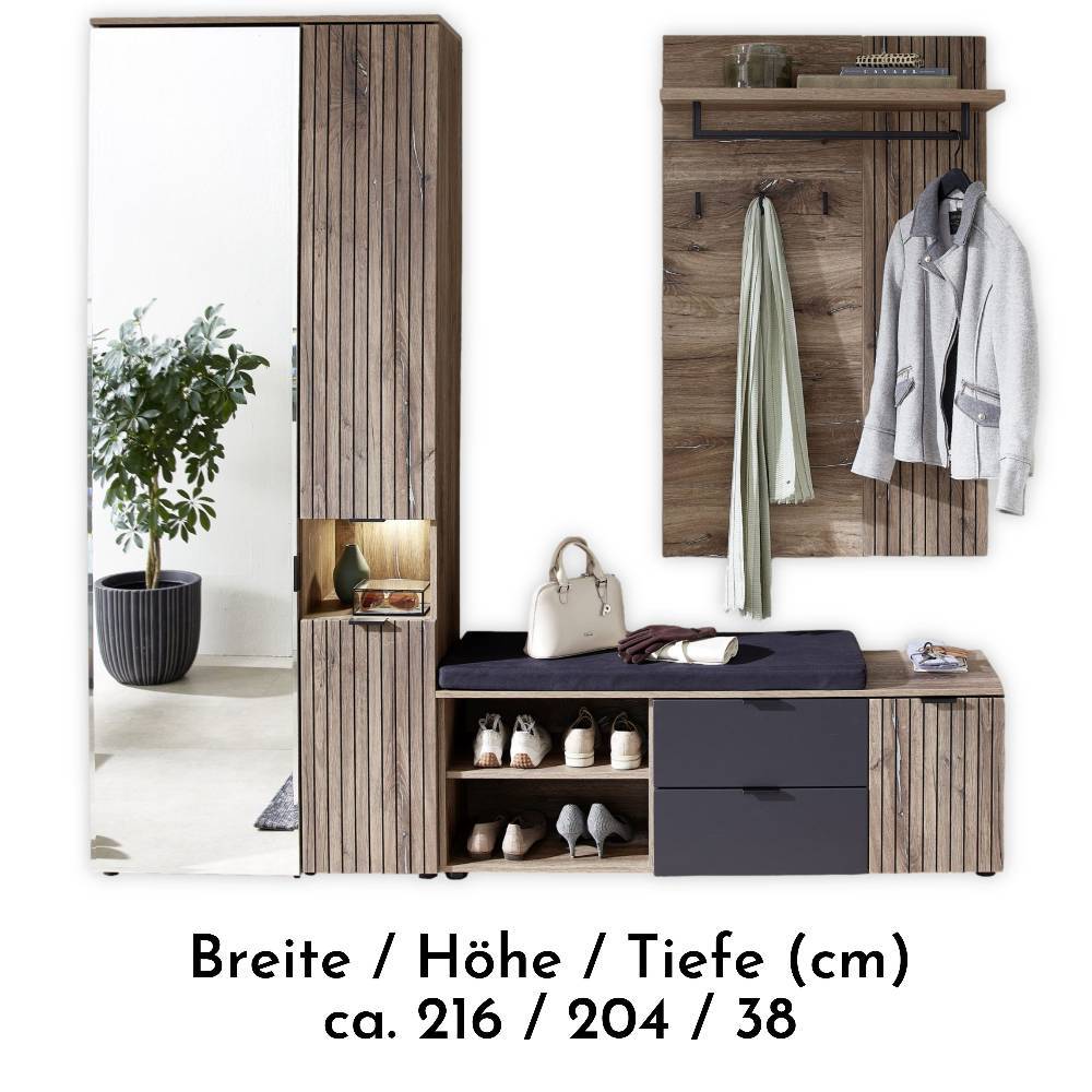 Komplett Garderobe Clusego mit LED Beleuchtung inklusive Sitzpolster (dreiteilig)