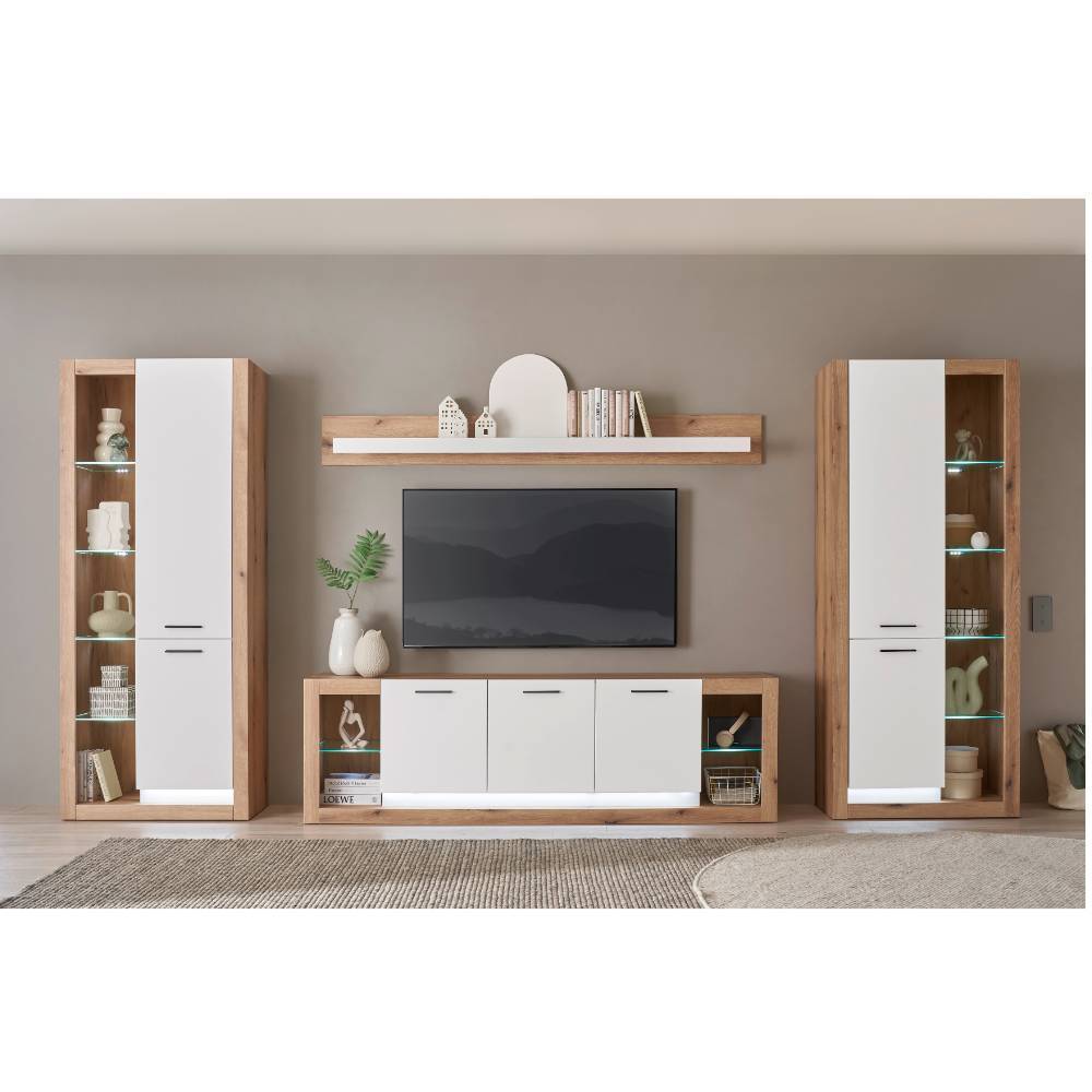 Wohnwand modern Asprecca in Weiß matt und Eichefarben (vierteilig)
