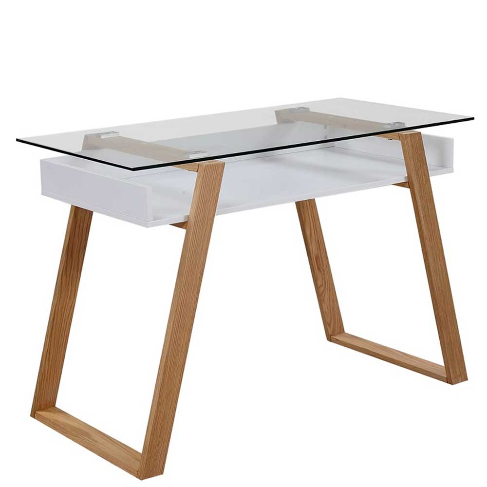 Glas Schreibtisch Zenit im Skandi Design mit Bügelgestell aus Eiche Massivholz
