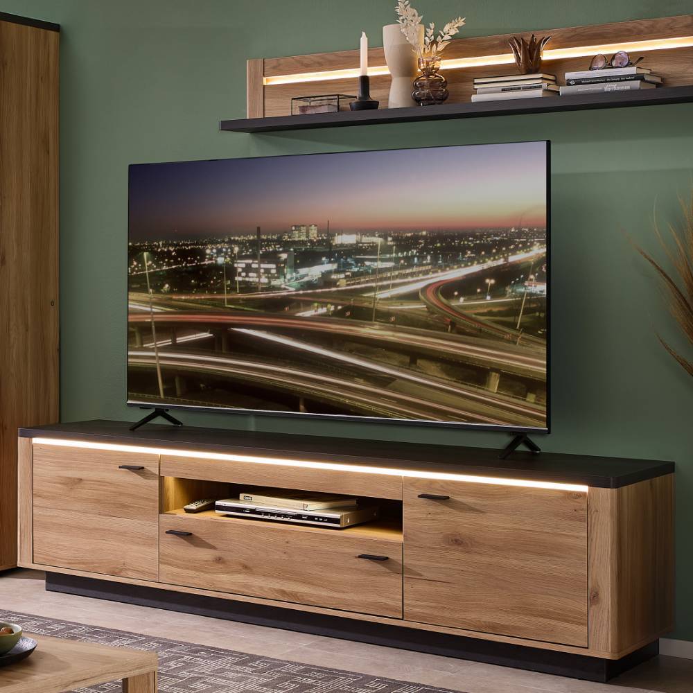 Wohnwand modern Helias mit LED Beleuchtung 202 cm hoch (dreiteilig)