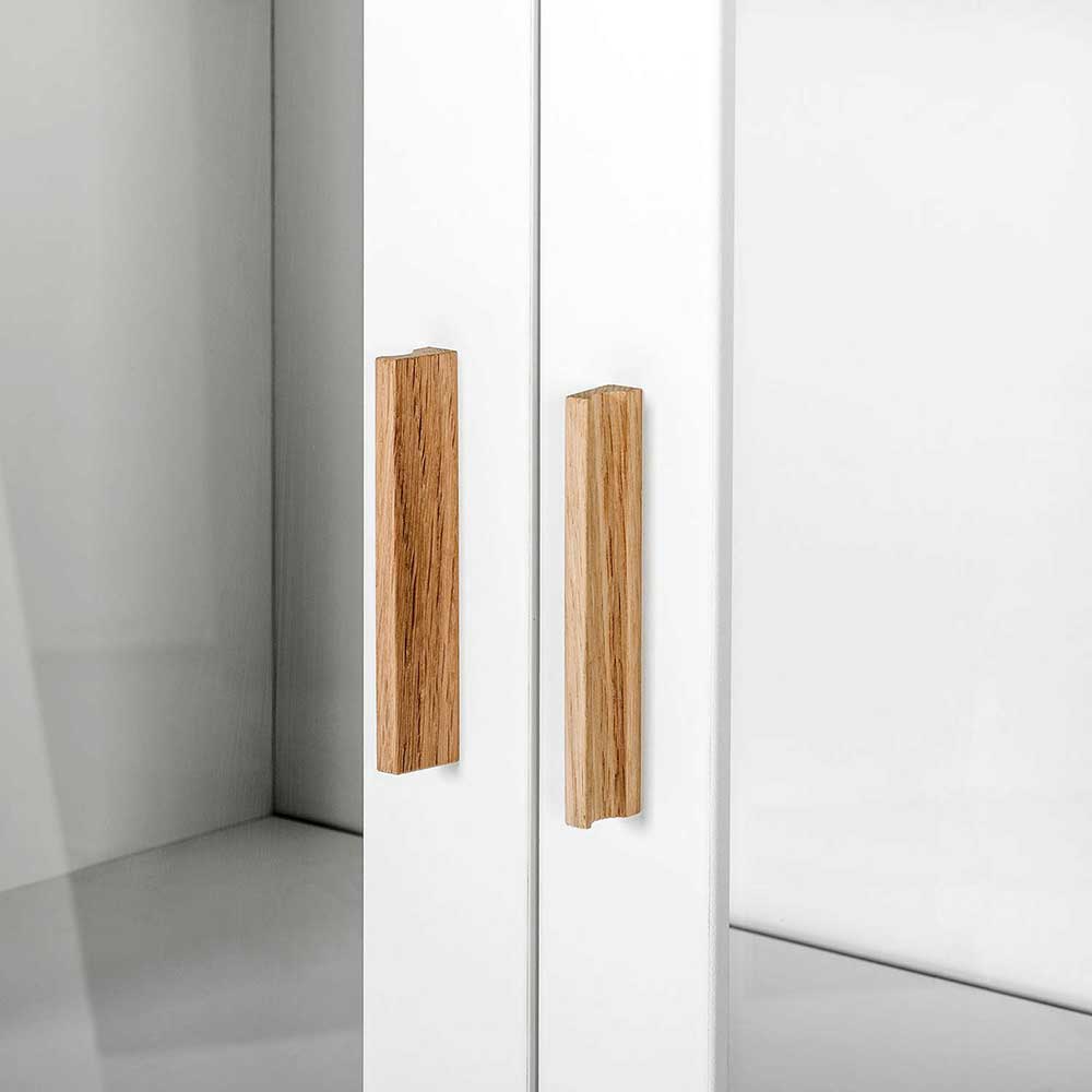 Schrank Vitrine Masuyo im Skandi Design in Eichefarben und Weiß