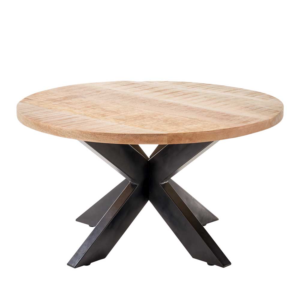 Runder Couchtisch Emrico aus Mangobaum Massivholz mit Metall Vierfußgestell