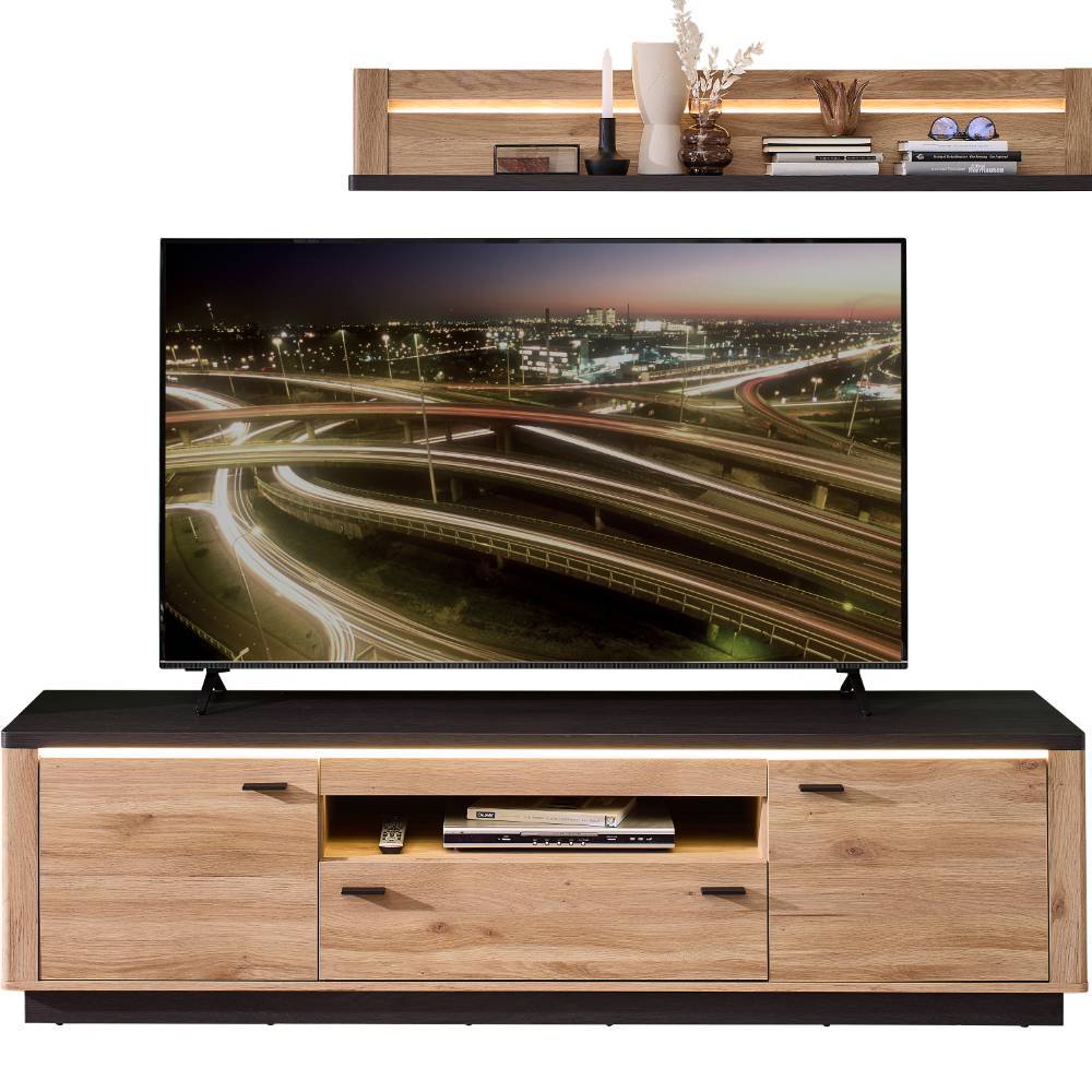 TV Wohnwand Helias mit LED Beleuchtung - Holzoptik foliert (dreiteilig)