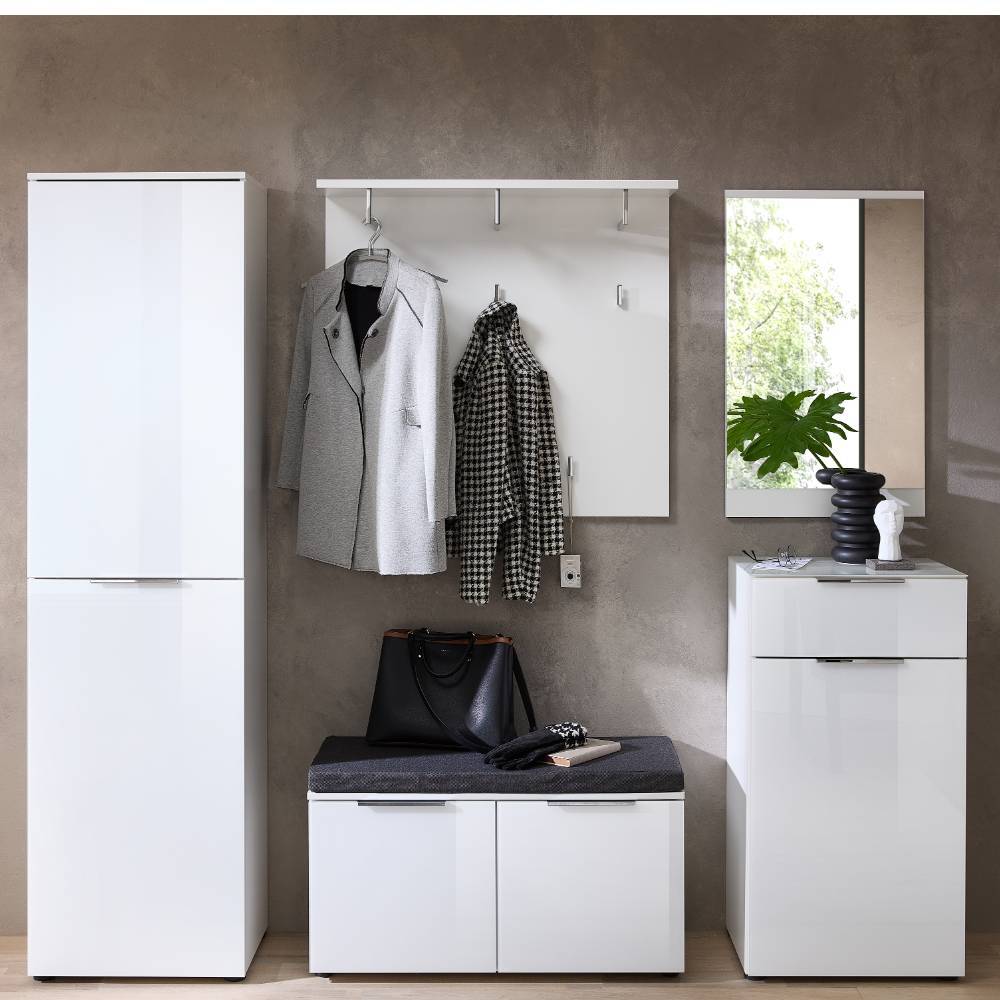 Komplett Garderobe Pandoro in Weiß mit Sitzpolster Auflage (fünfteilig)