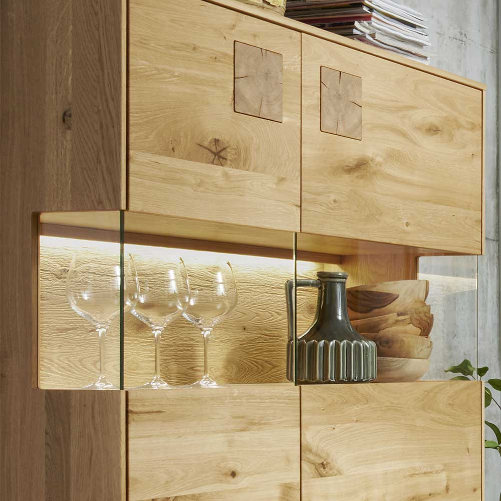Vitrinen Highboard Onitos aus Wildeiche Massivholz 145 cm hoch