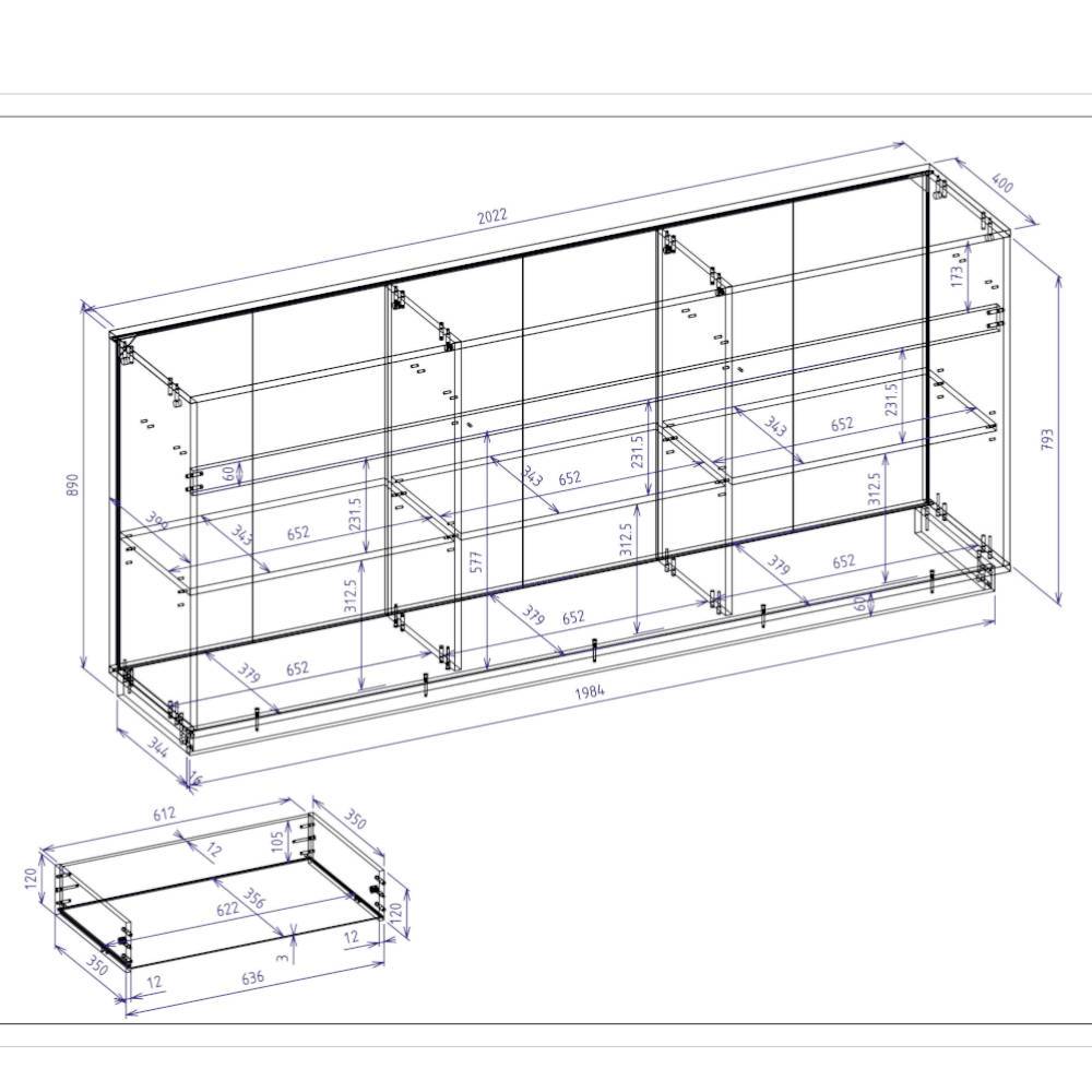 Buffetvitrine Ikba mit Glastüren 202 cm breit