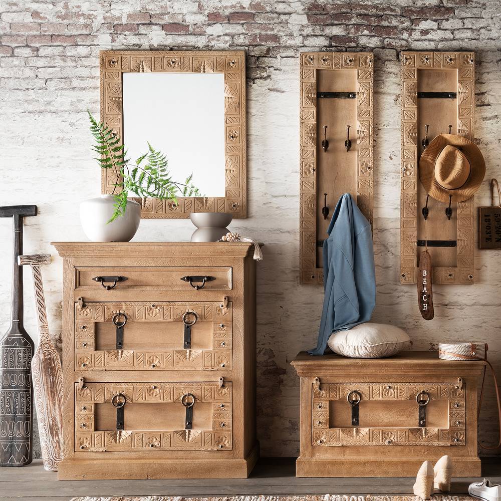 Flurgarderobe Emilio aus Mangobaum Massivholz in Holz Grey Wash (fünfteilig)