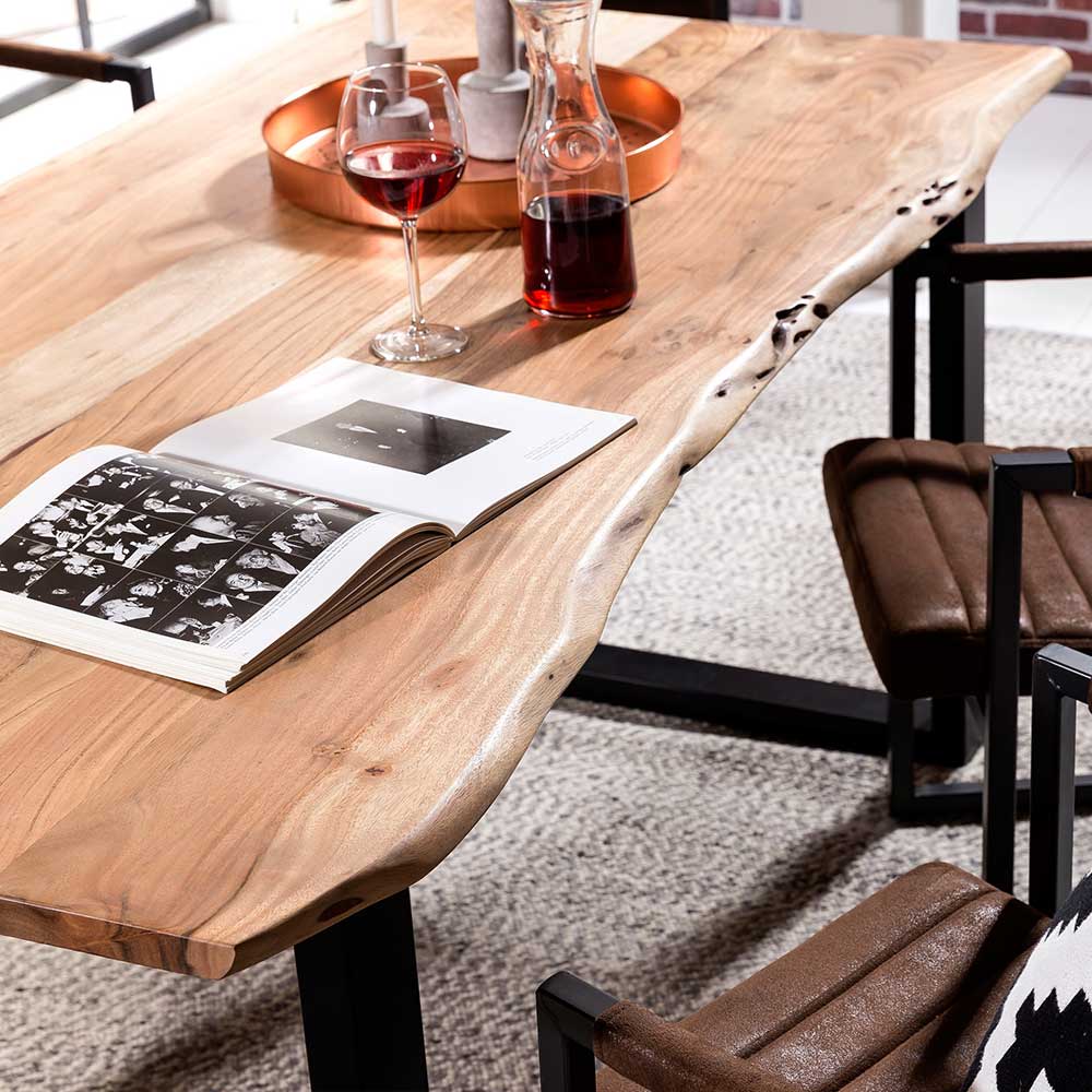 Baumkanten Tisch Arlette aus Akazie Massivholz und Stahl mit Antik Finish