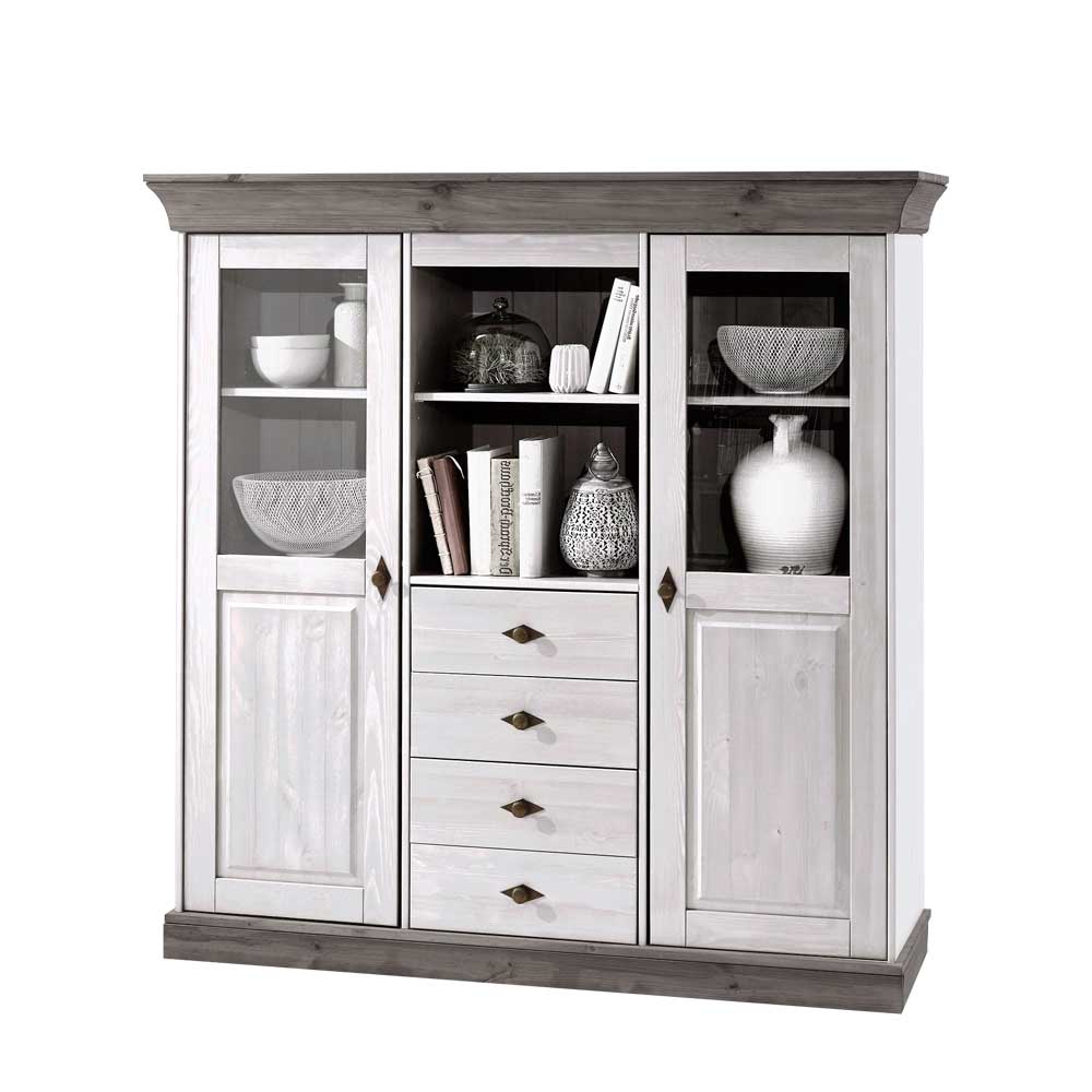 Highboard Boulogne in Weiß Grau Kiefer teilmassiv Landhaus
