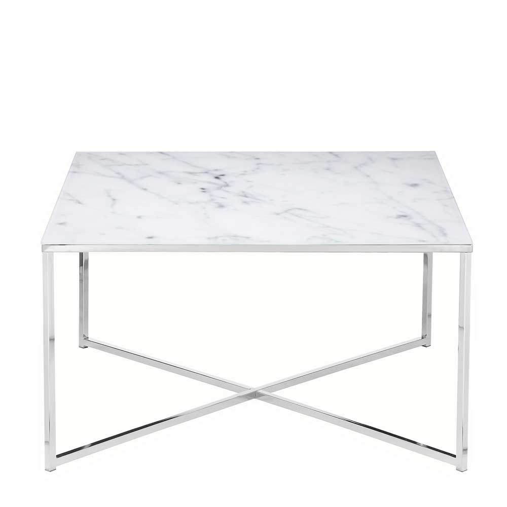 Couchtisch Stellario in Weiß und Chromfarben mit quadratischer Glasplatte