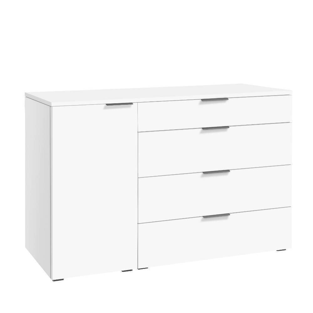 Weißes Sideboard Dancona mit Drehtür und vier Schubladen