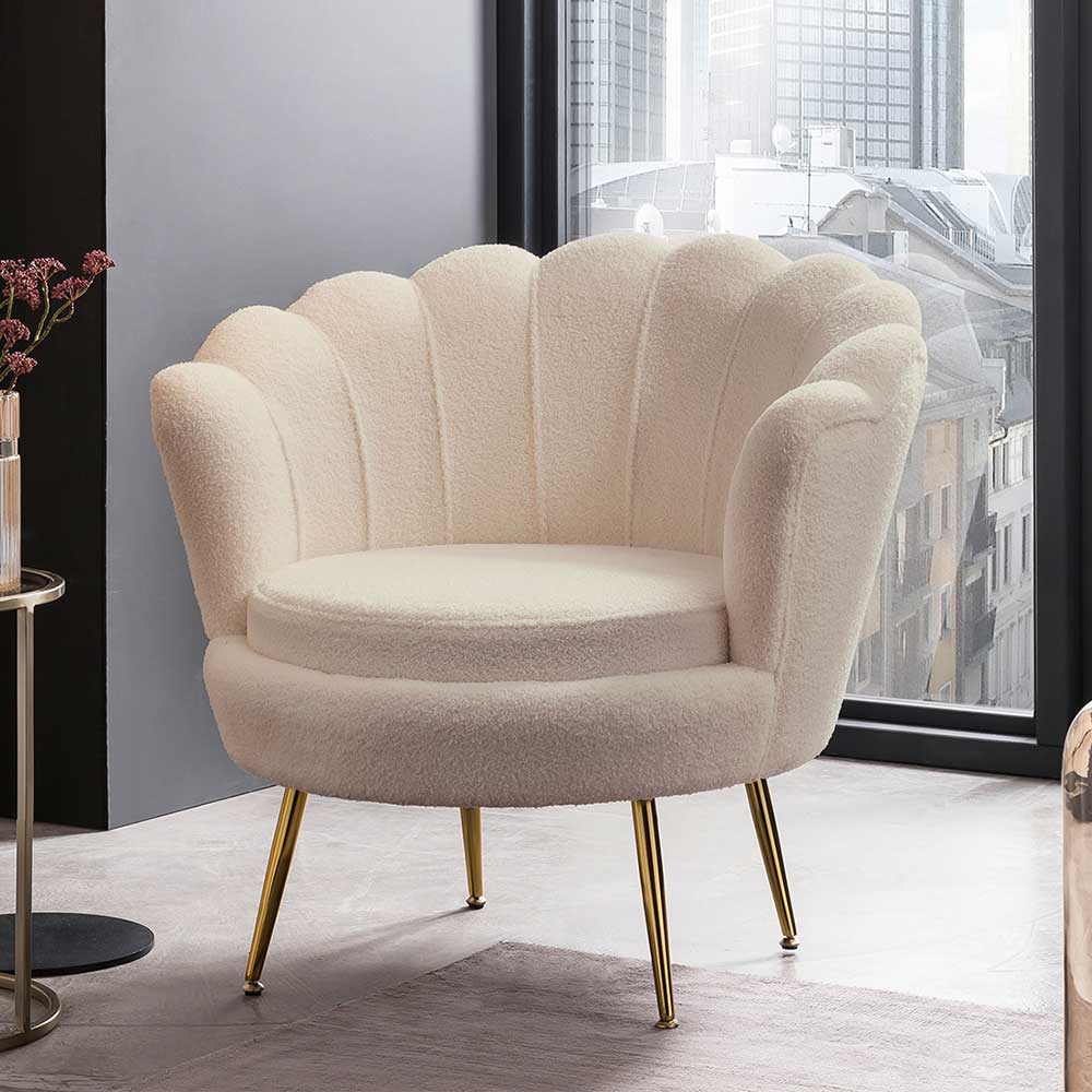 Retrostil Muschelsessel Pocatino in Cremefarben und Gold aus Boucle und Metall