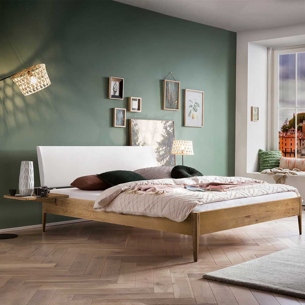 Wildeiche Bett mit Polsterkopfteil Annbrit modern - 38 cm Einstiegshöhe