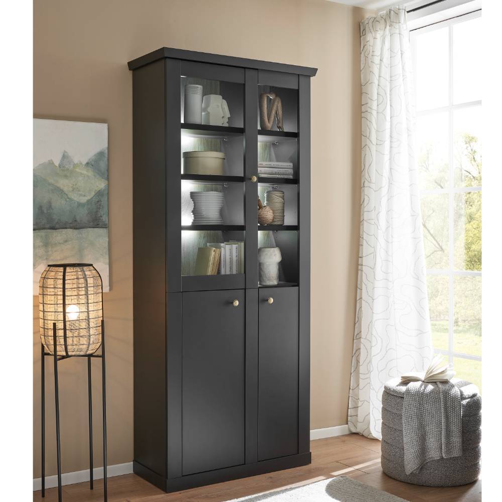 Wohnwand Enjta in Schwarz matt 202 cm hoch (vierteilig)