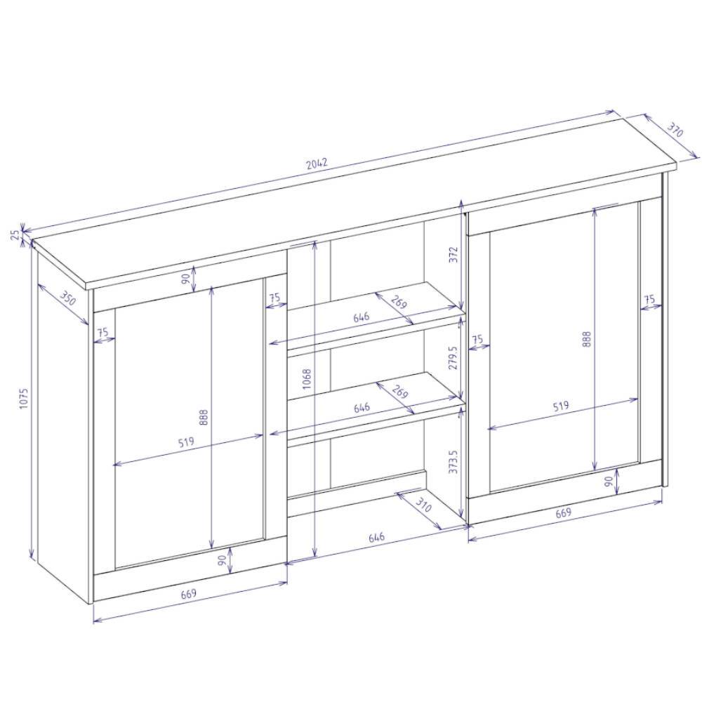 Buffetvitrine Ikba mit Glastüren 202 cm breit
