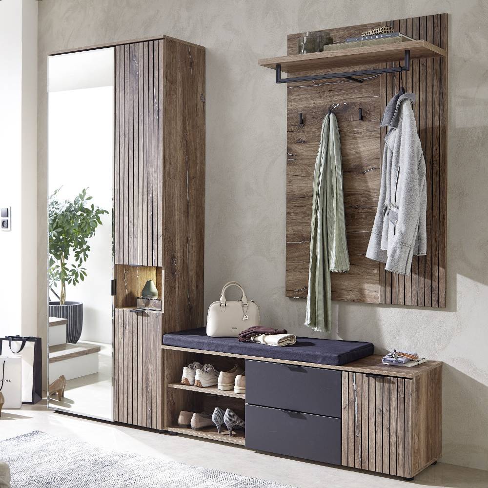 Komplett Garderobe Clusego mit LED Beleuchtung inklusive Sitzpolster (dreiteilig)