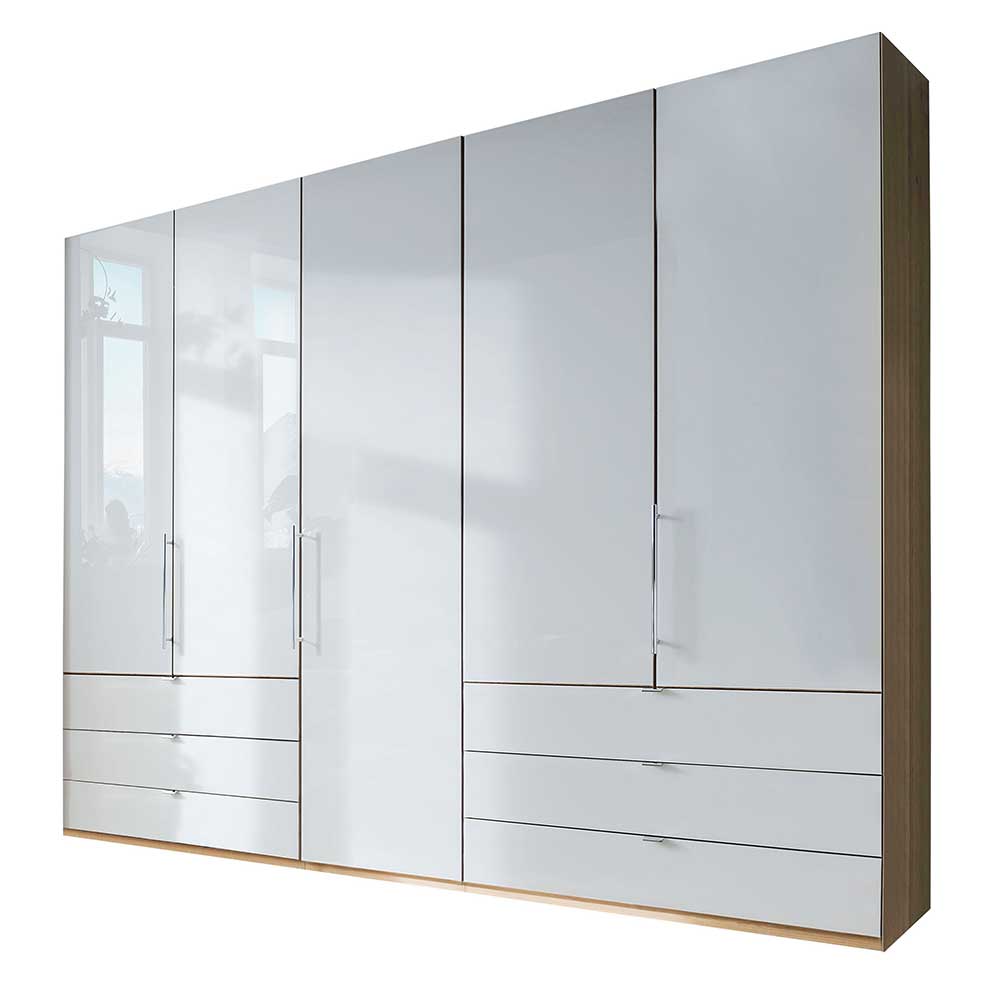 Falttürenkeiderschrank Waluva in Weiß und Eiche Bianco glasbeschichtet