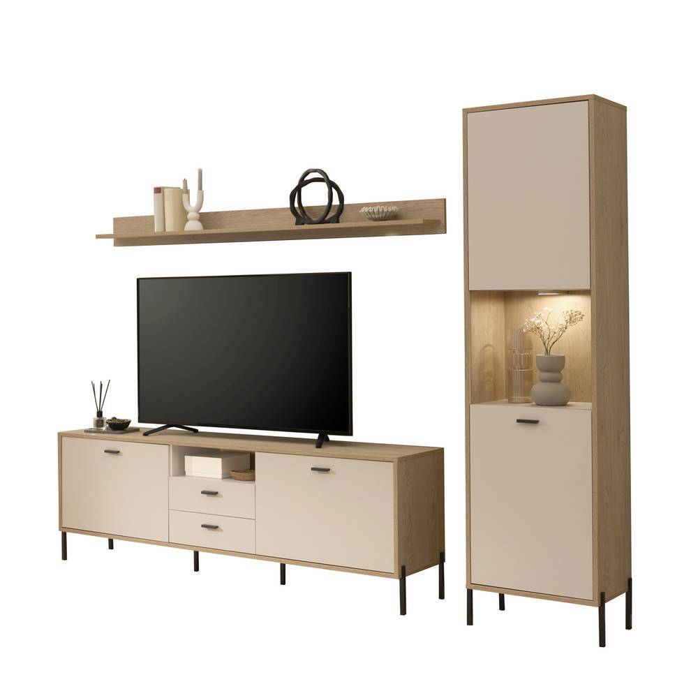 Wohnwand modern Zimena in Beige und Eichefarben (dreiteilig)
