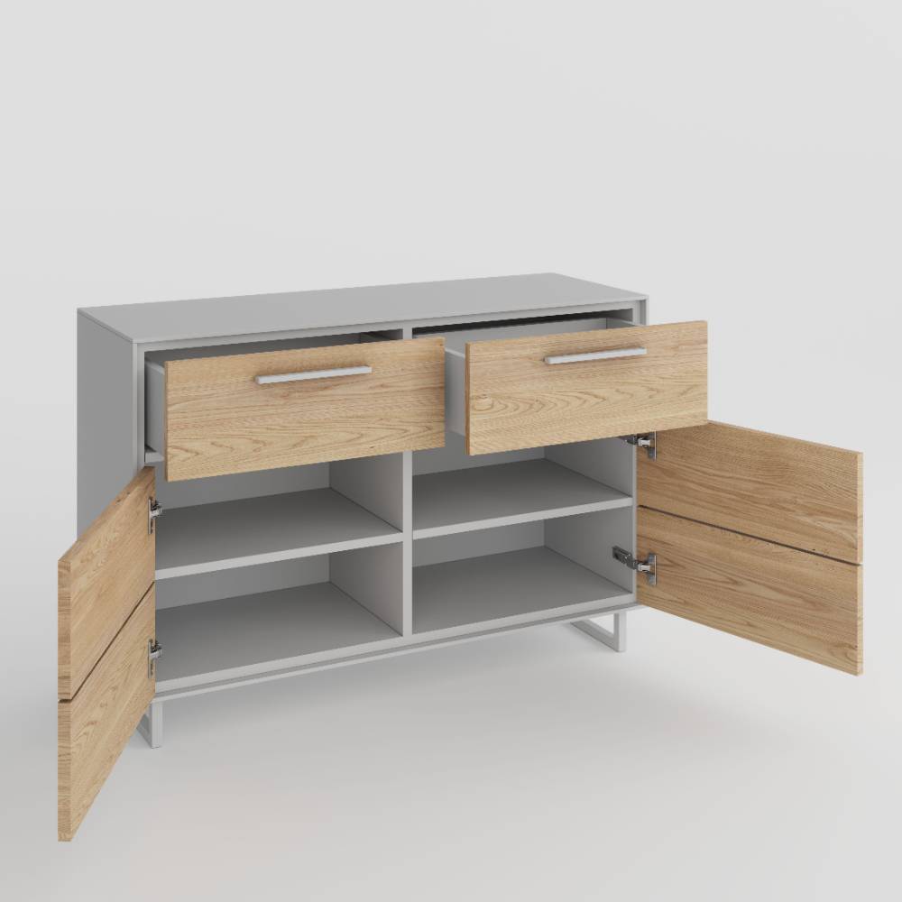 Kommode Fortlanda in Eiche Bianco & Kreideweiß mit Bügelgestell aus Metall