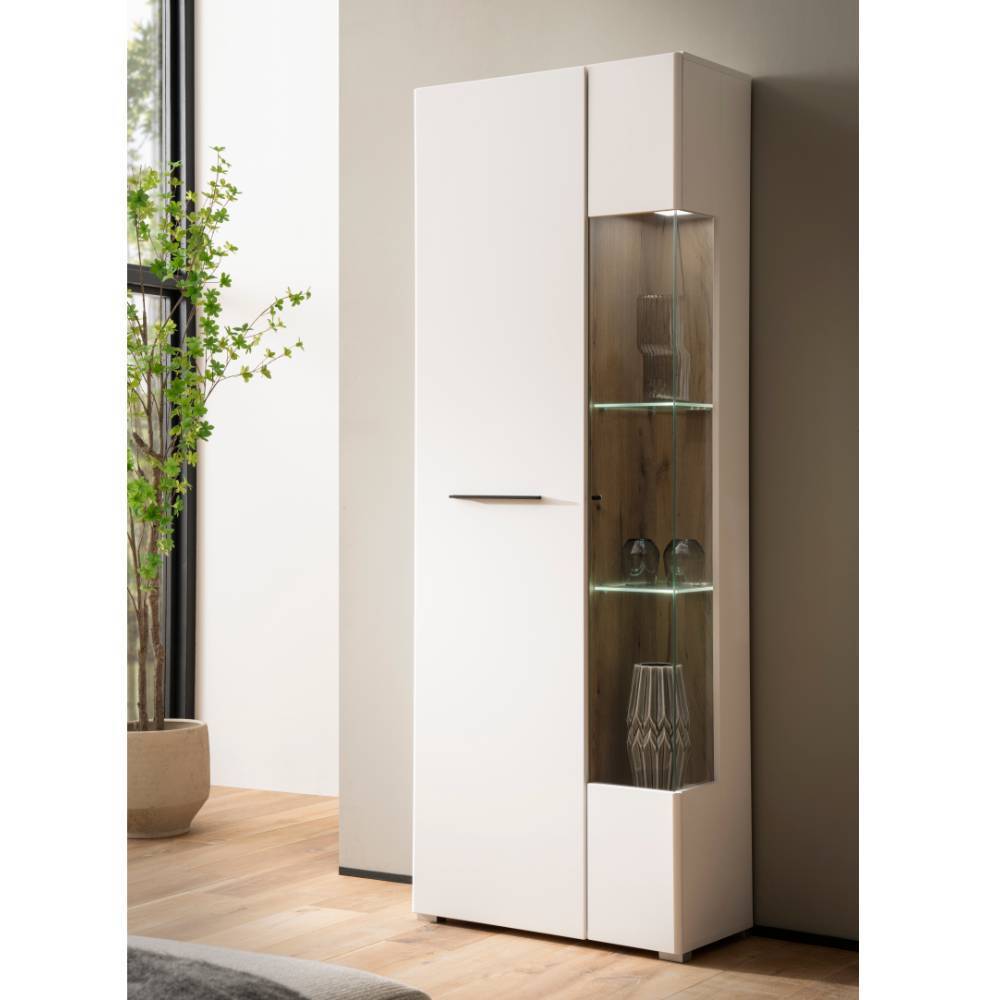 Wohnzimmer Anbauwand Vrenessa in Weiß matt und Eichefarben (dreiteilig)