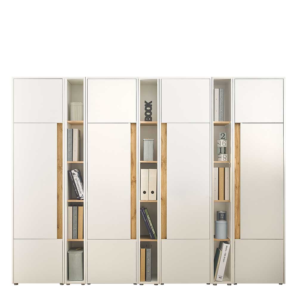 Büro Schrank Set Rascian in Weiß und Wildeichefarben 260 cm breit (siebenteilig)