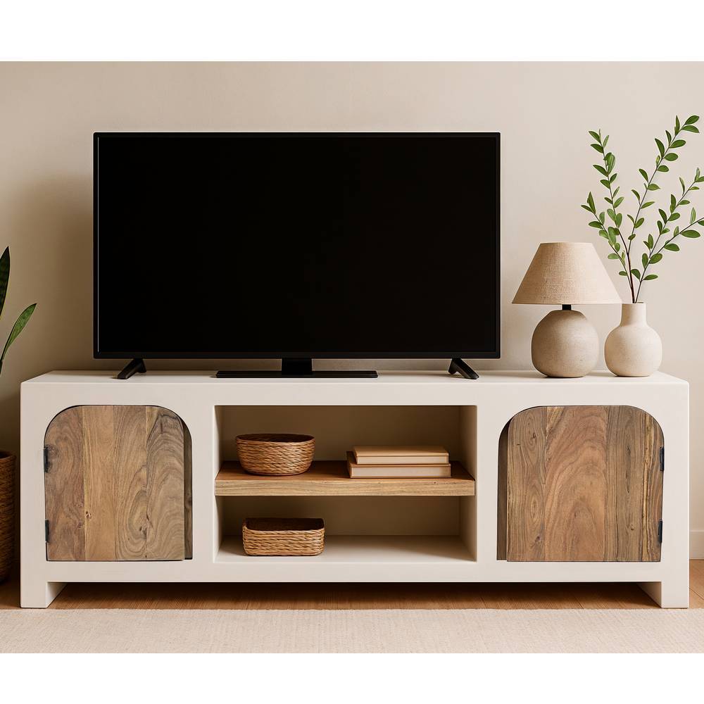 TV Board Janyna mit Struktur Kalkputz und Massivholz Türen