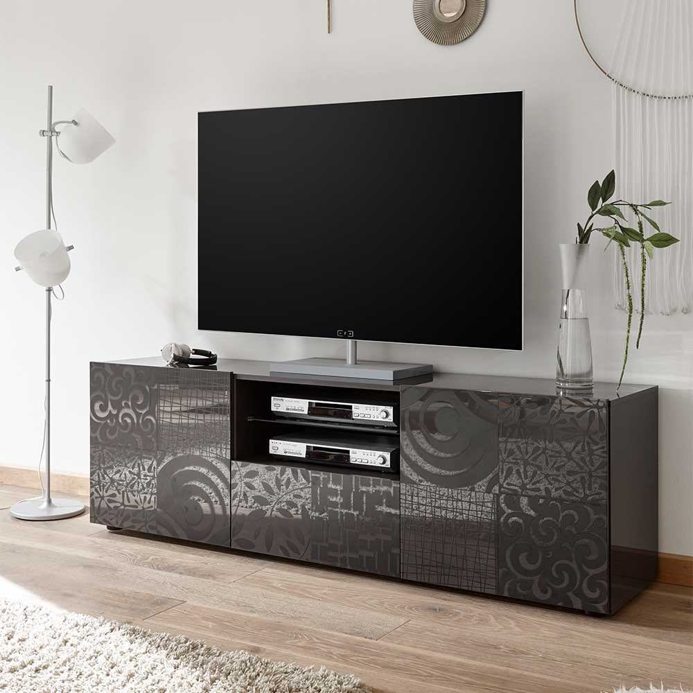 TV Lowboard Hancieda in Anthrazit Hochglanz mit floralem Siebdruck verziert