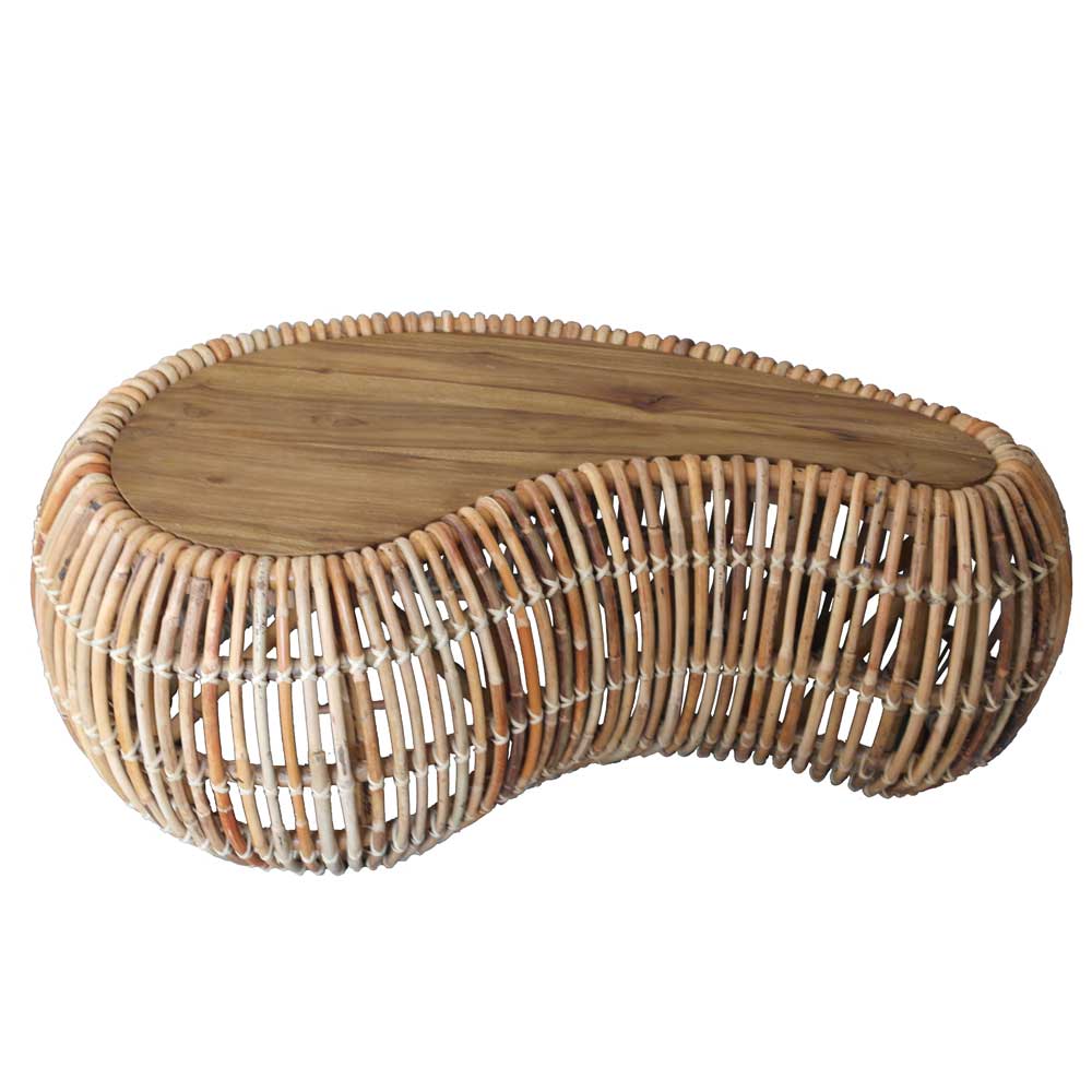 Couchtisch Islands aus Teak massiv Rattan nierenförmig