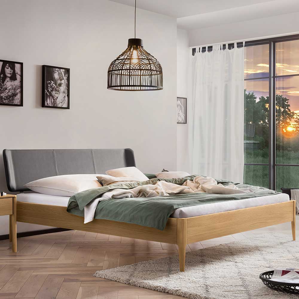 Doppelbett mit Polsterkopfteil Stufania aus Eiche Massivholz hell geölt